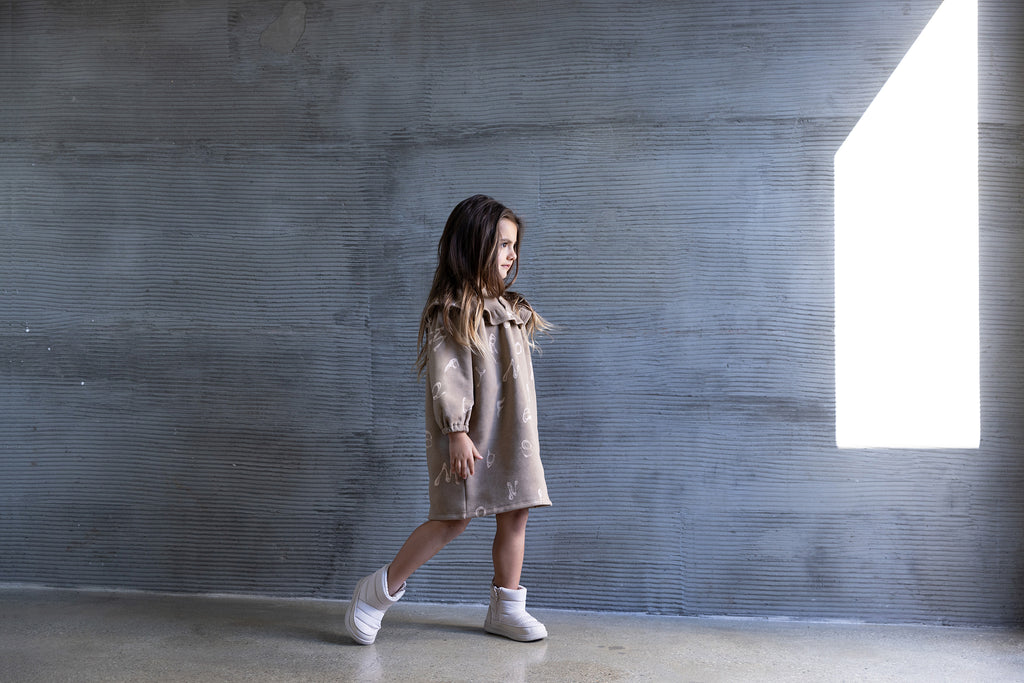 Girls Terry Dress With Ruffled Yolk - Brown