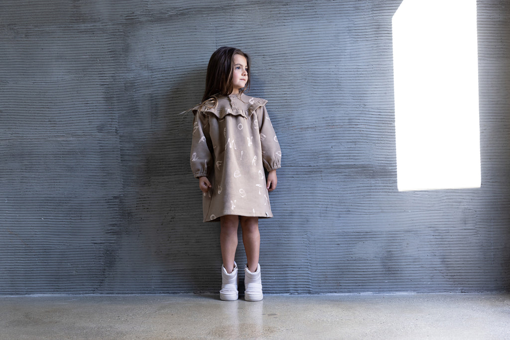 Girls Terry Dress With Ruffled Yolk - Brown