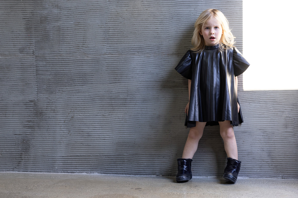 Girls Faux Leather Pleated Dress - Black l OM691 – OMAMImini
