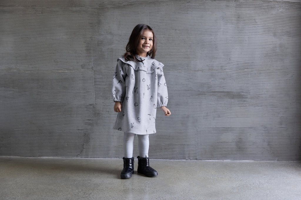 Girls Terry Dress With Ruffled Yolk - Light Grey