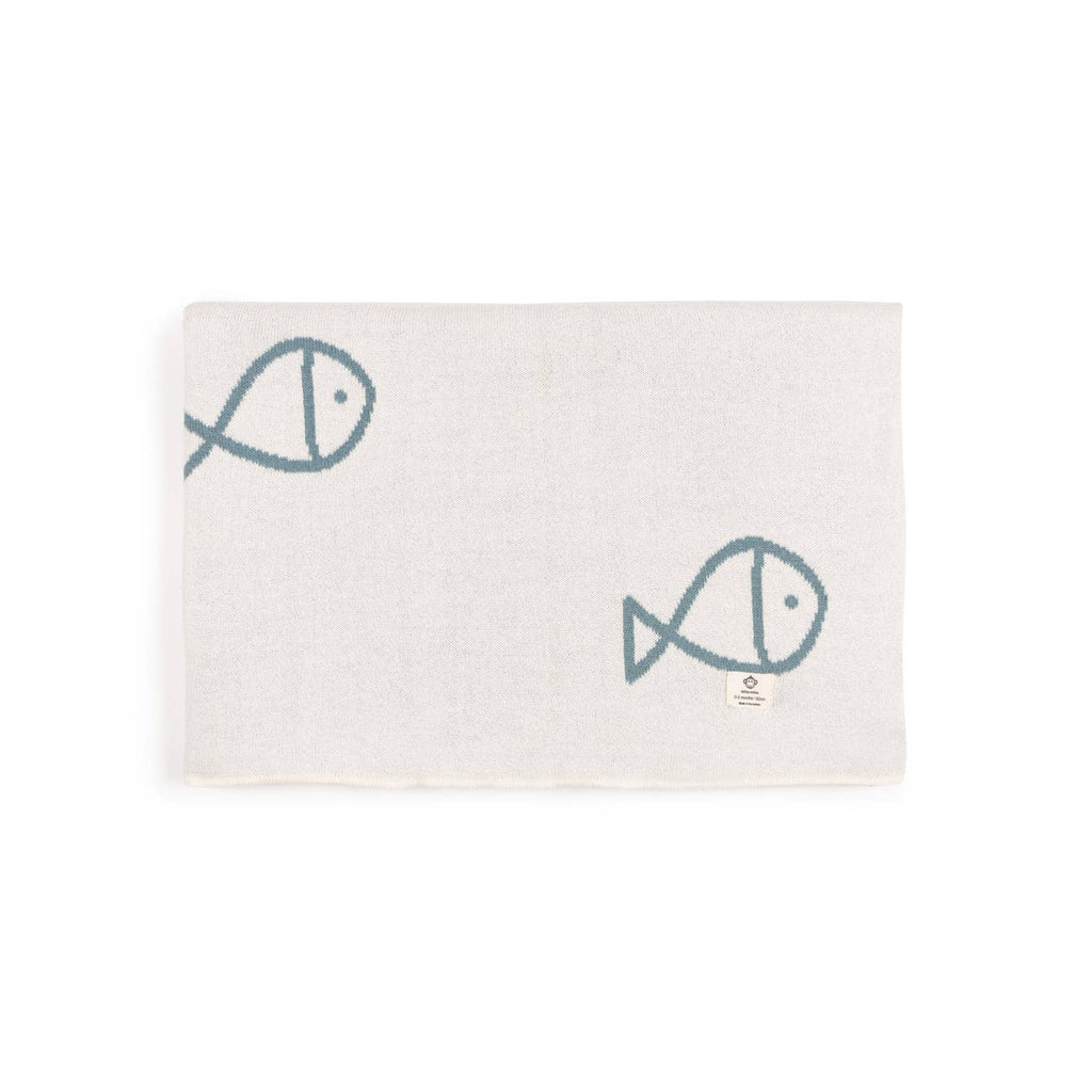Baby Cotton Knit Blanket with Fish Motive | Teal & Off-white