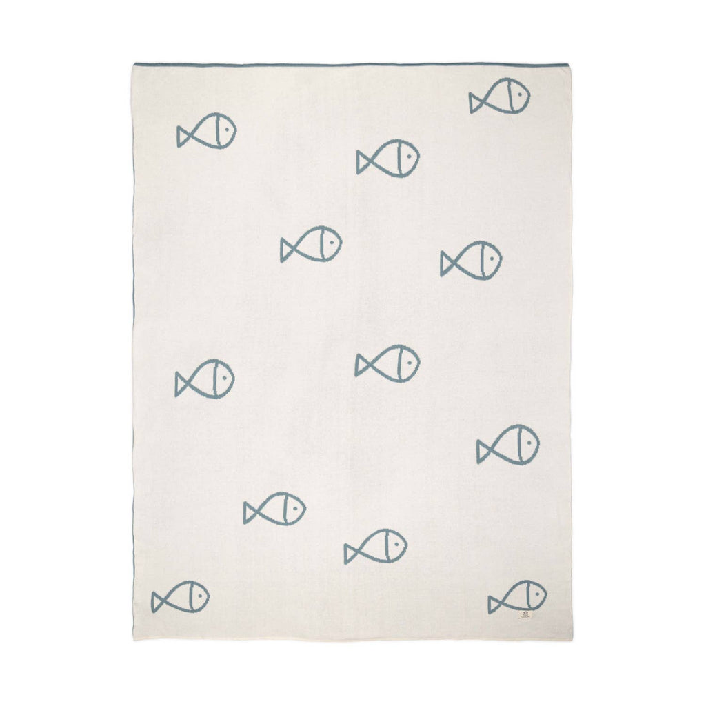 Baby Cotton Knit Blanket with Fish Motive | Teal & Off-white