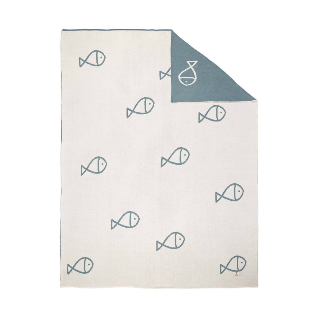 Baby Cotton Knit Blanket with Fish Motive | Teal & Off-white