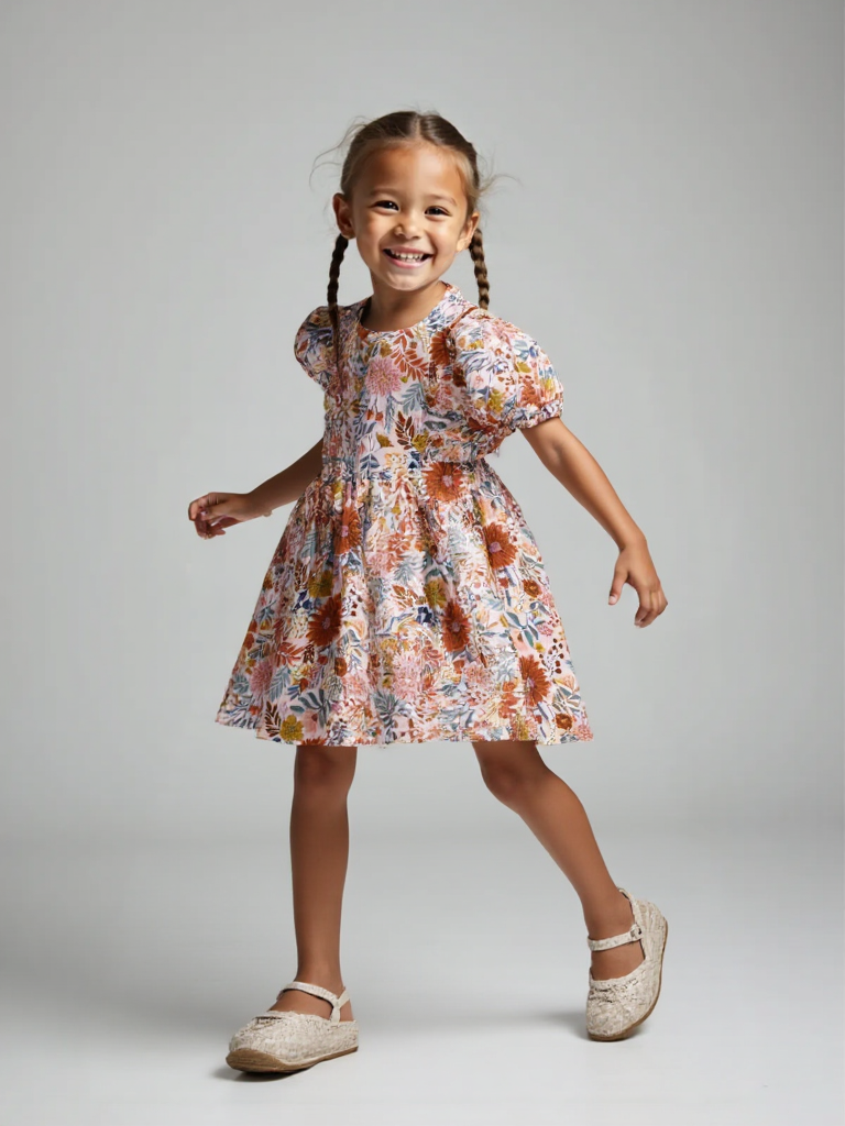 Baby & Girls Muslin Dress w/ Puff Sleeves | Pink Bloom