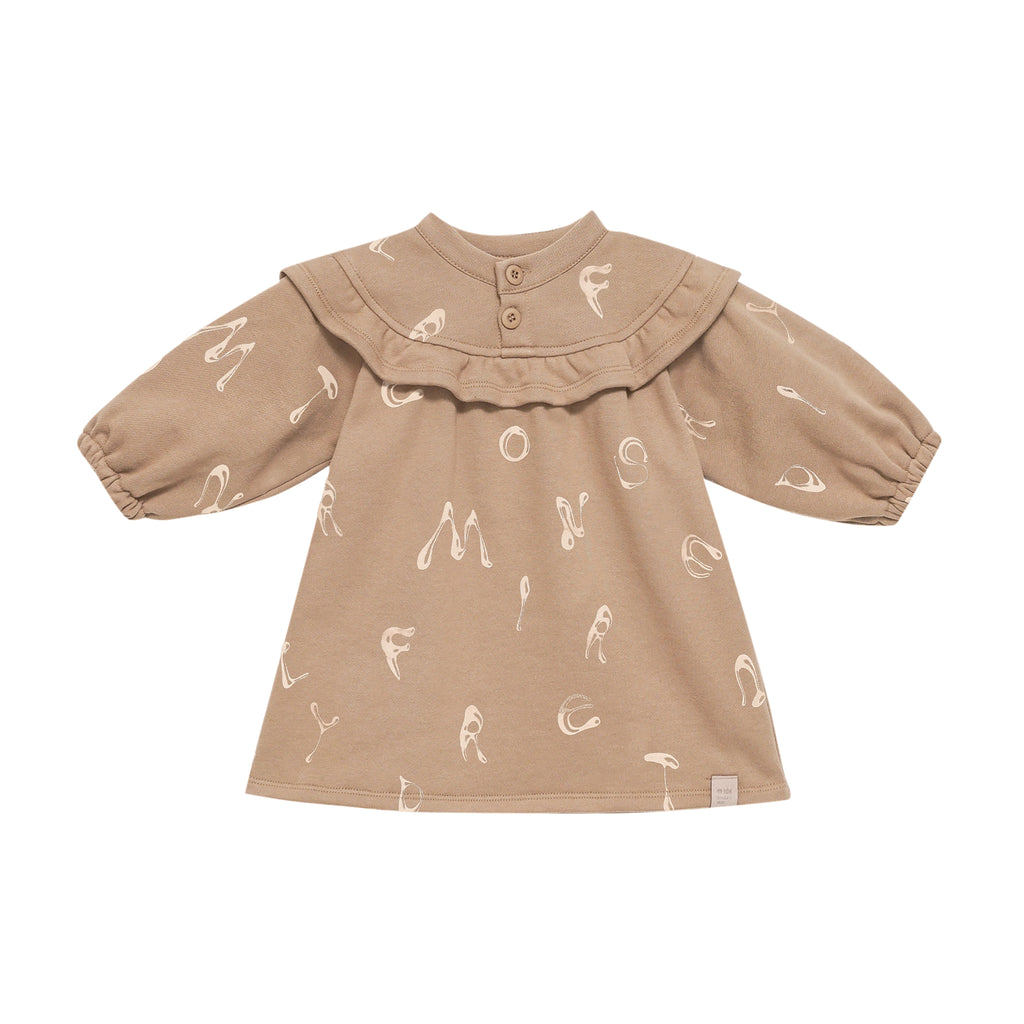 Girls Terry Dress With Ruffled Yolk - Brown