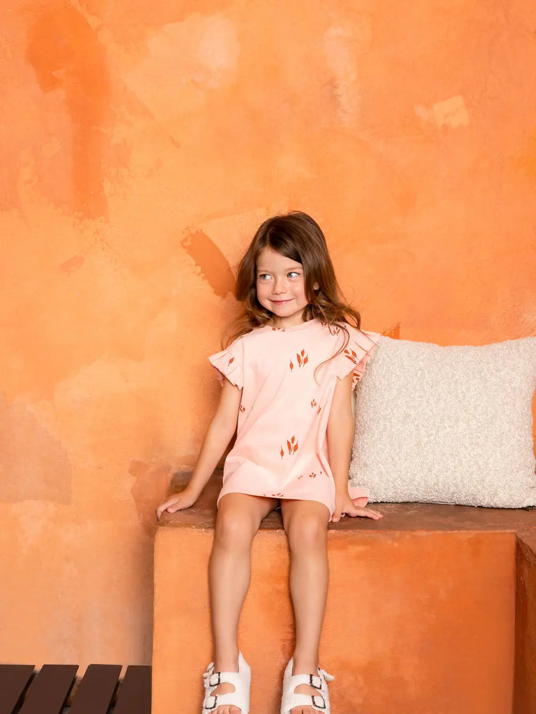 Girls Jersey Dress with box Pleated Sleeve - Peach