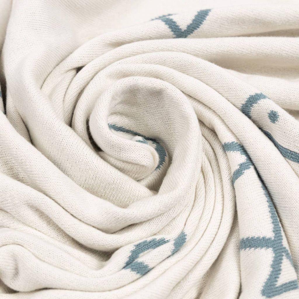 Baby Cotton Knit Blanket with Fish Motive | Teal & Off-white