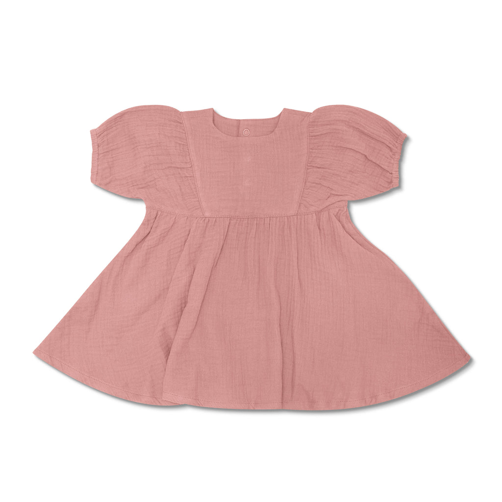 Baby & Girls Muslin Dress with Puff Sleeves I Dusty Rose
