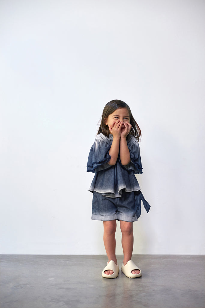 Girls Distressed Chambray Flared Top | Indigo