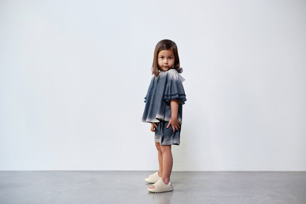 Girls Distressed Chambray Flared Top | Indigo