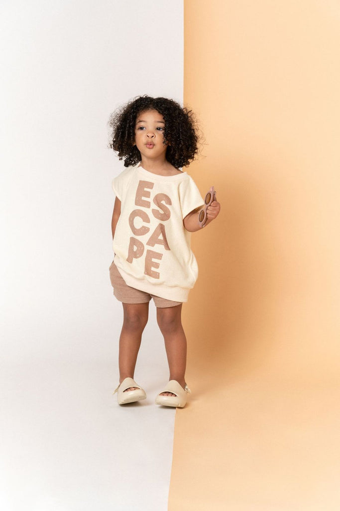 Kids Sleeveless Pullover Terry Top with ESCAPE Print | Mocha OM506