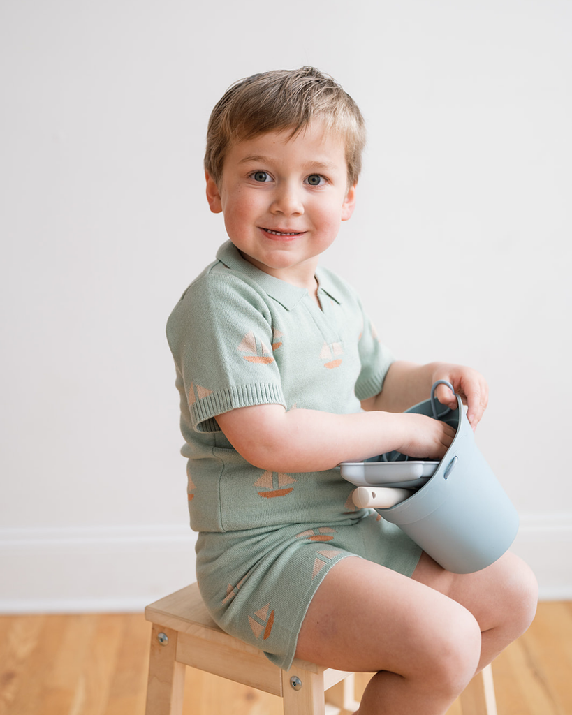 Baby Theo Knit Short  with Boats Pattern | Seafoam