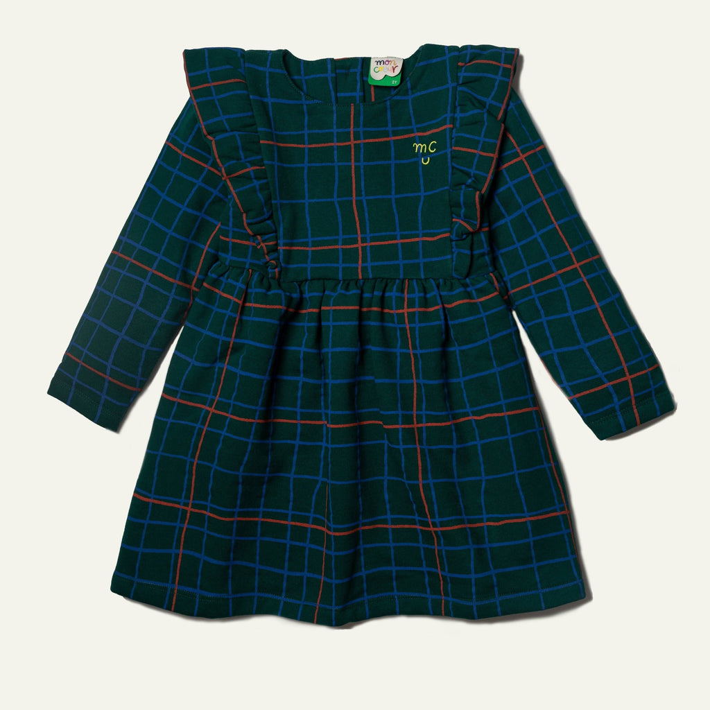 Recycled Cotton Grid Kid Ruffle Dress | Pine Green Multi