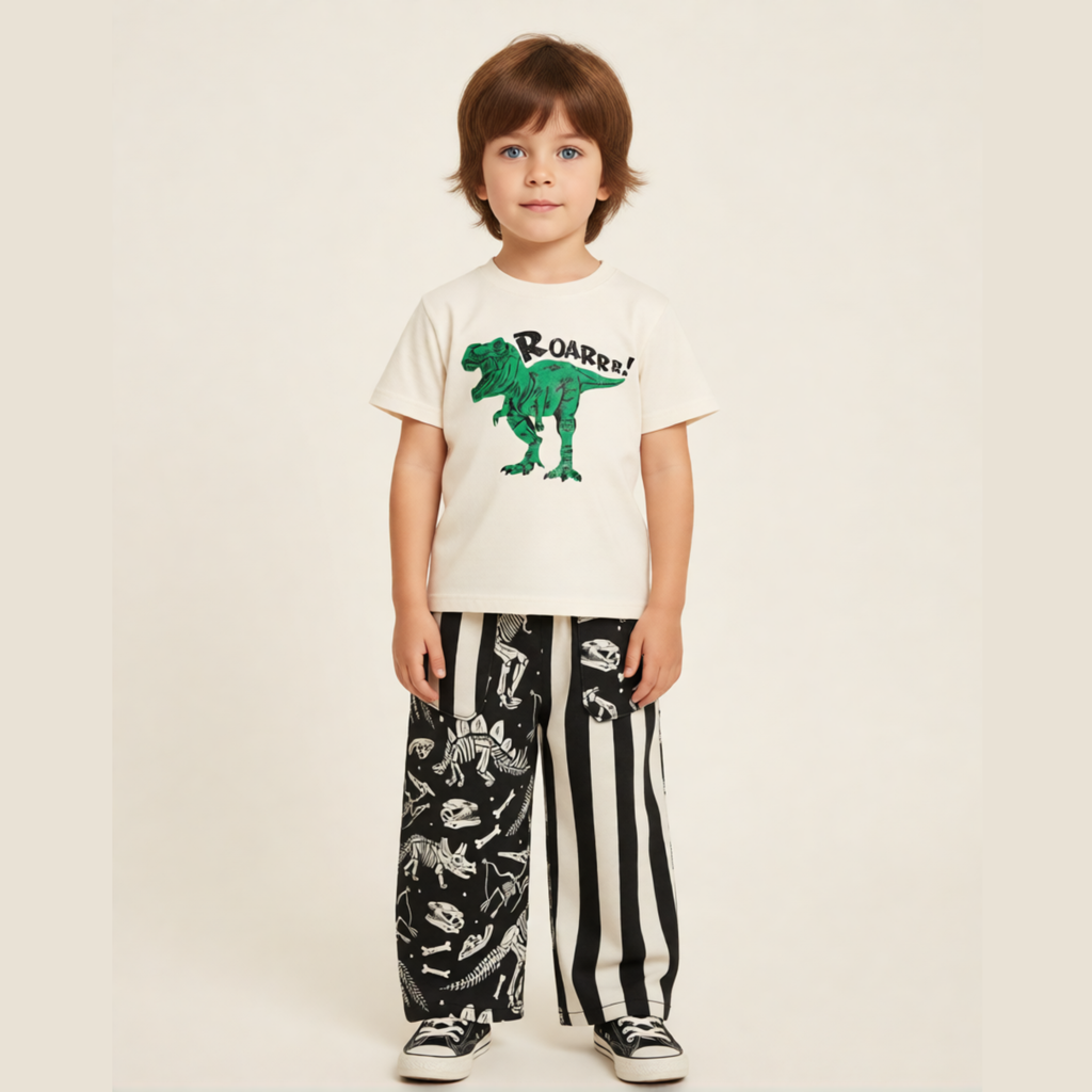 Kids Patchwork Dino Pant | Black & Cream