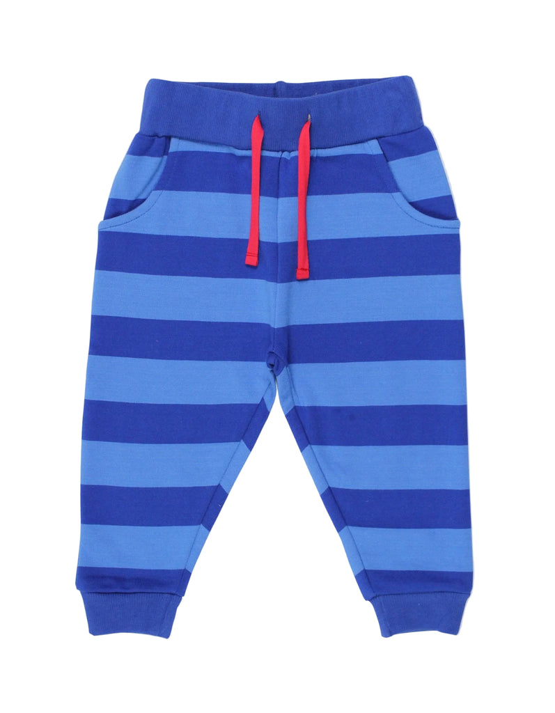 Blue striped organic joggers for kids on a flat lay