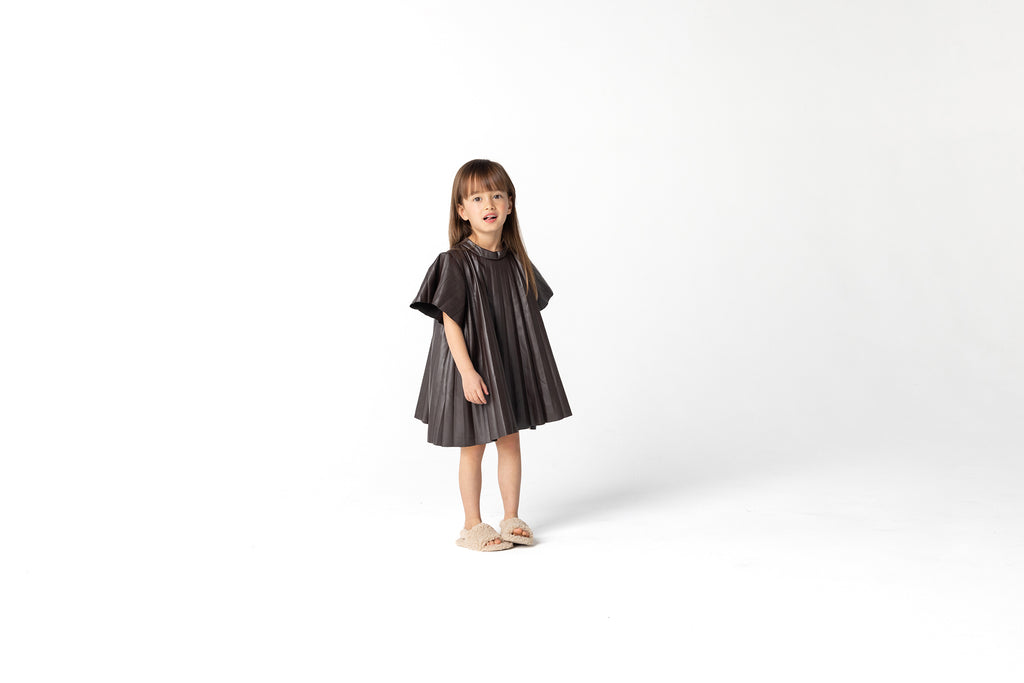 Girls Faux Leather Pleated Dress - Brown l OM691
