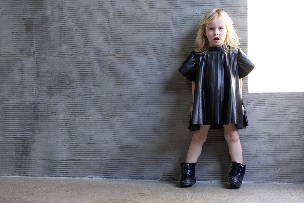 Girls Faux Leather Pleated Dress - Black l OM691