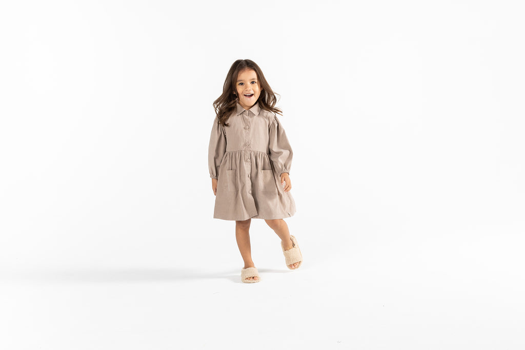 Girls Shirt Dress With Pockets - Taupe l OM690