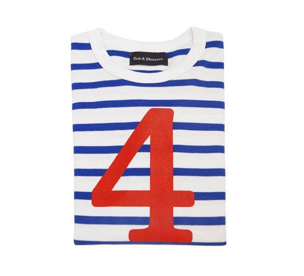 Kids French Breton Striped Number 4 T-Shirt | Blue & White