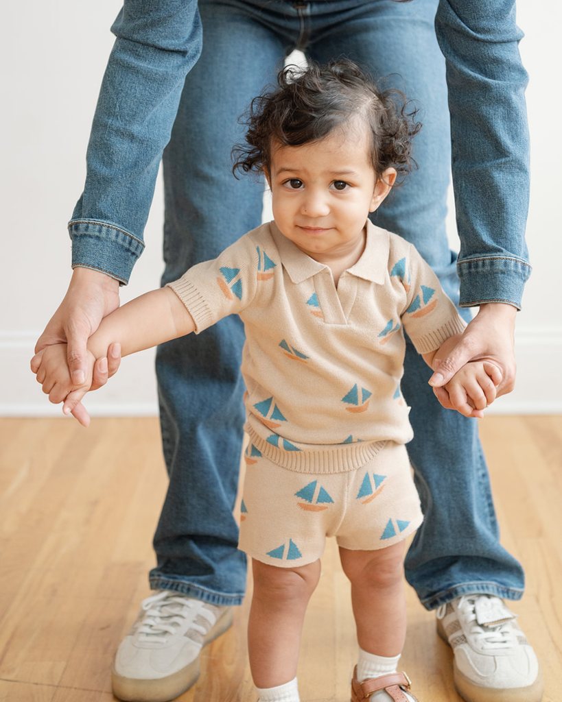 Baby Theo Knit Short with Boats Pattern | Sand