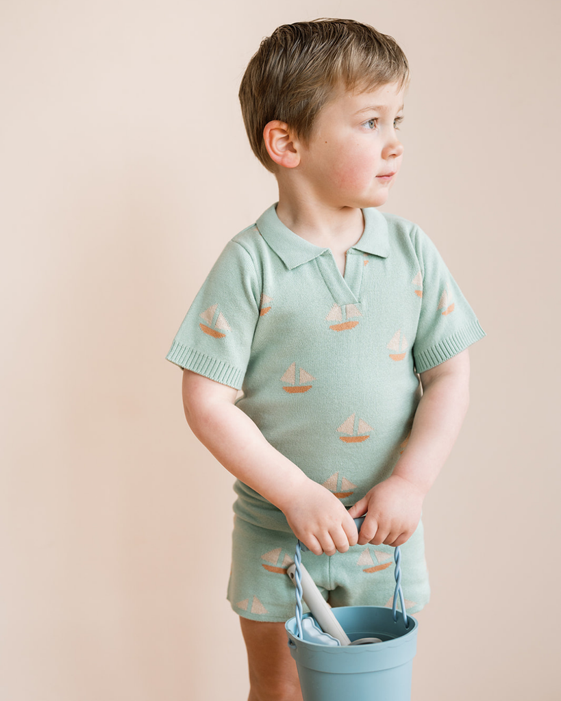Baby Theo Knit Short  with Boats Pattern | Seafoam