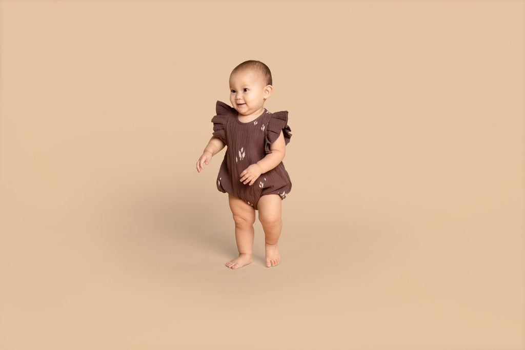 Baby Girls Bubble Romper with Box Pleated Ruffles - Brown