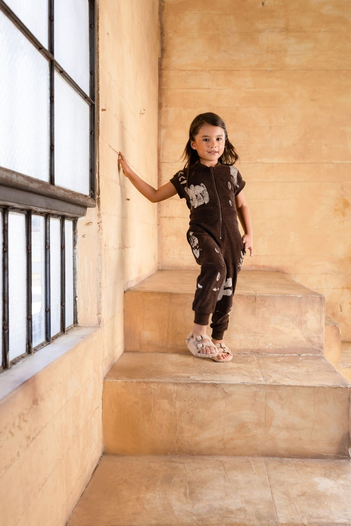 Kids Terry Flightsuit with Print - Brown | OM739