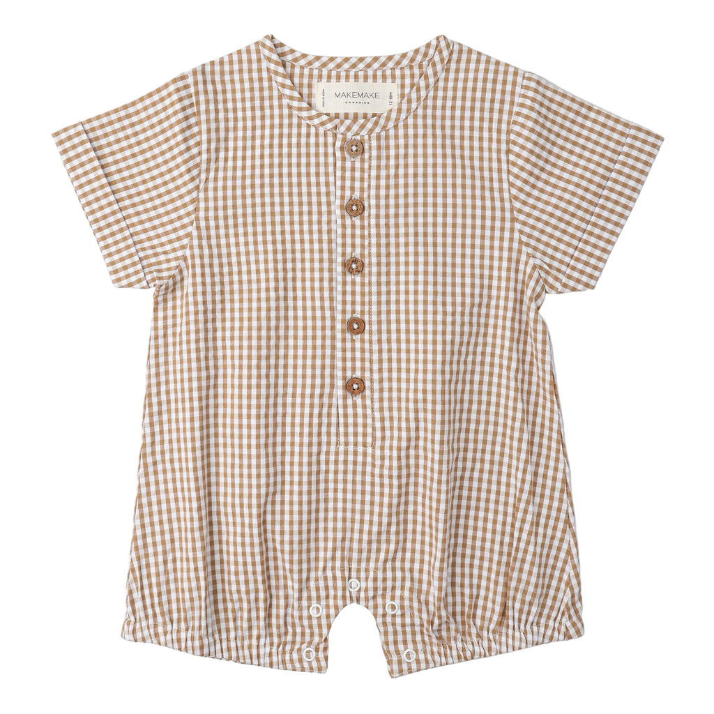 Baby Short Bubble Romper | Brown Gingham
