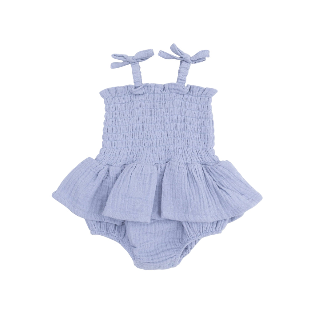 Baby Girl Muslin Smocked Bubble Romper | Blue