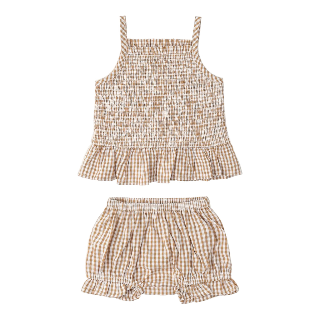 Baby Smocked Top And Bloomer Set | Brown Gingham