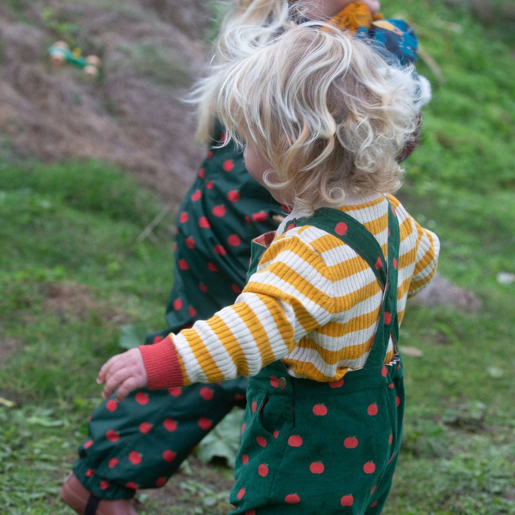 Baby and Toddler Corduroy Dungarees | Green with Apple Print