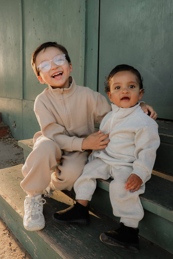 Kids Half-Zip Waffle Top and Jogger Pants Set | Beige