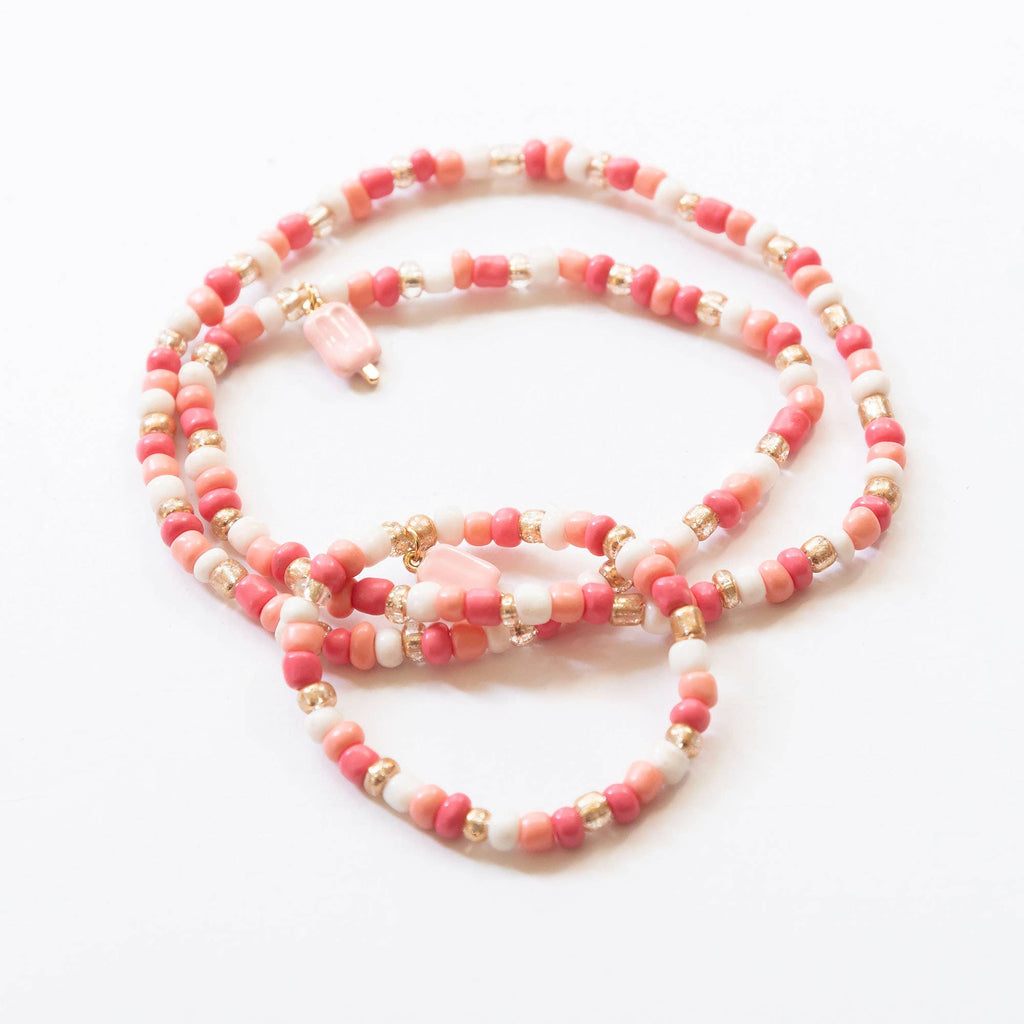 Girls Beaded Charm Necklace and Bracelet Set | White, Pink & Gold