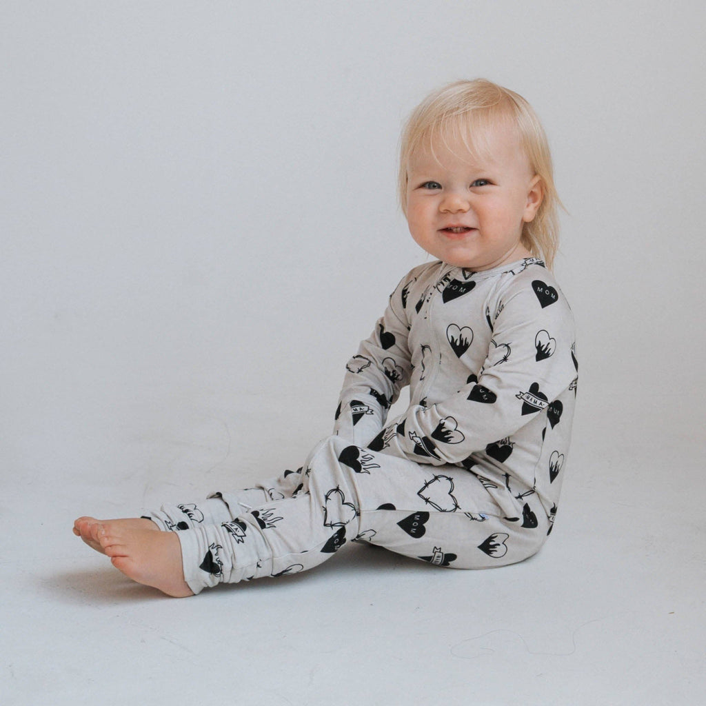 Baby Bamboo Zip Romper|  Tattoo Heart Heather Grey