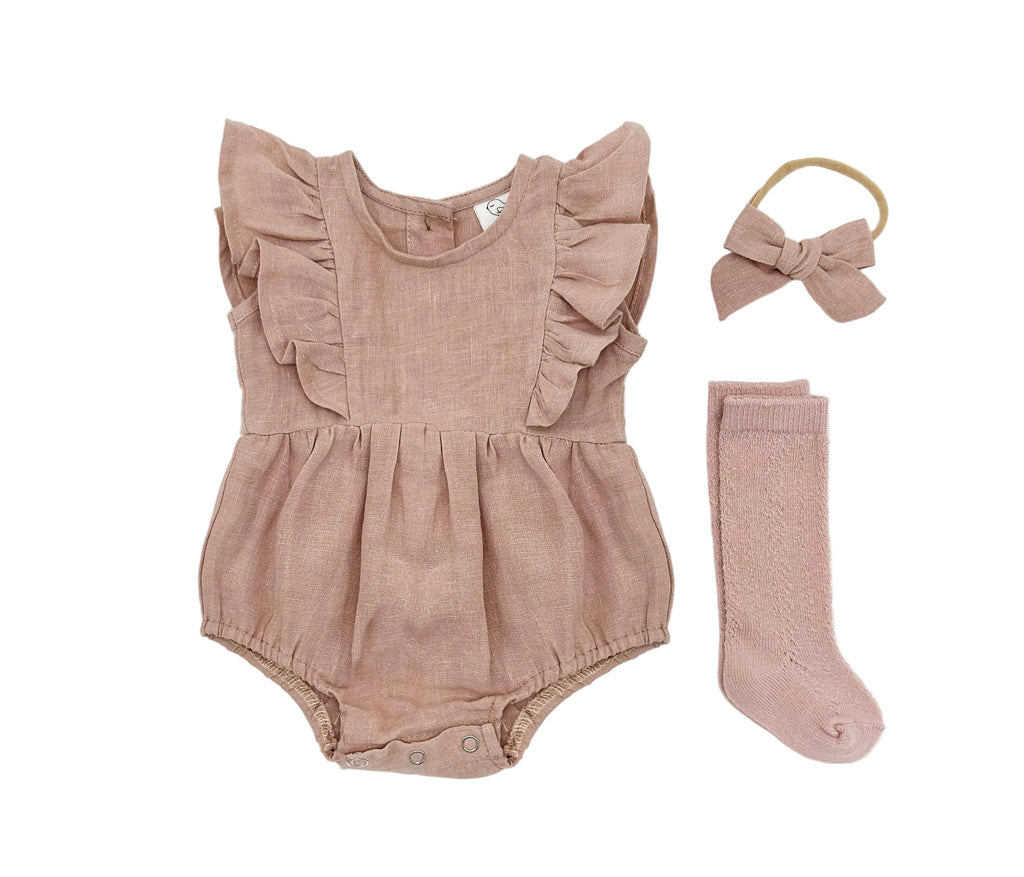 Baby Sleeveless Romper 3pc Set | Dusty Pink