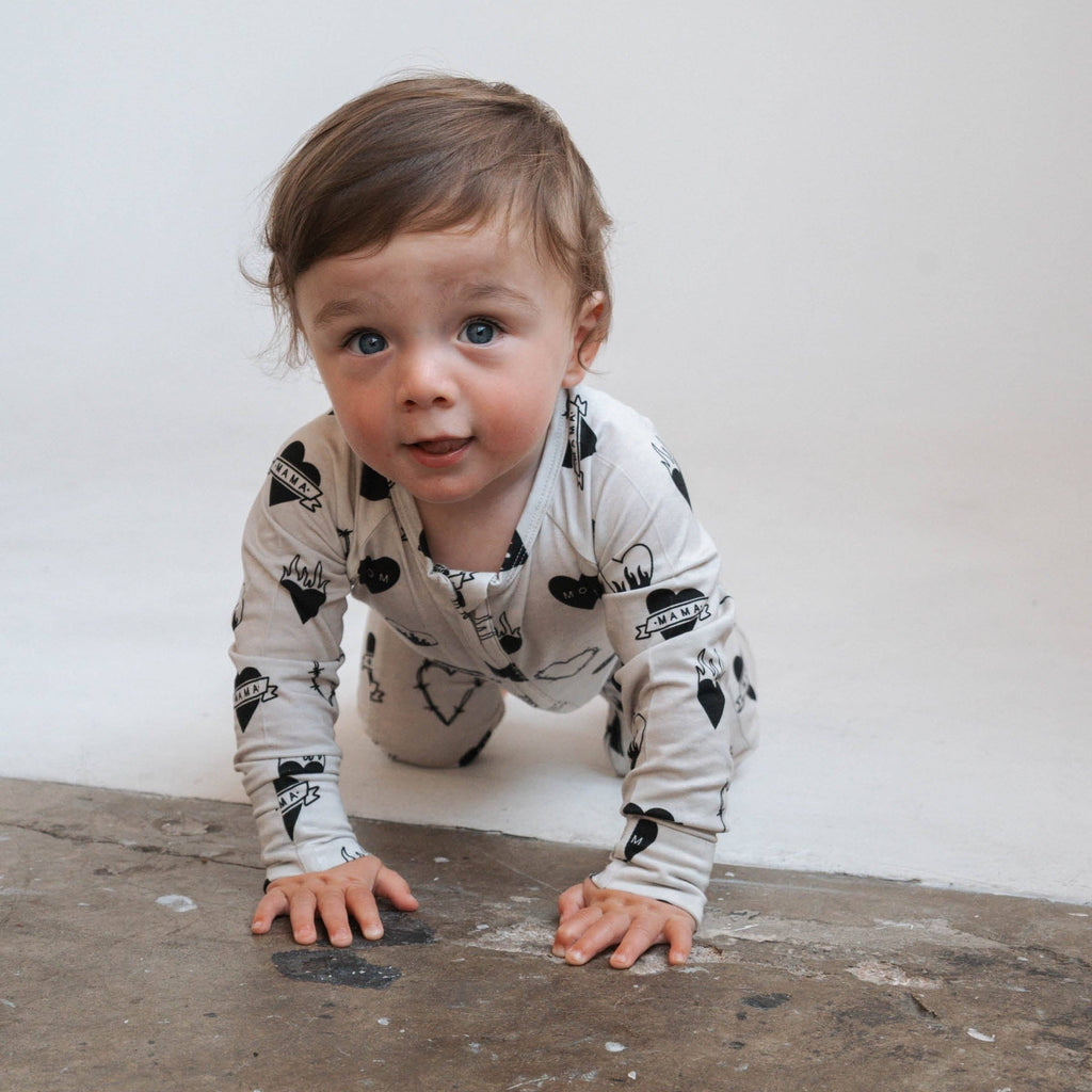 Baby Bamboo Zip Romper|  Tattoo Heart Heather Grey
