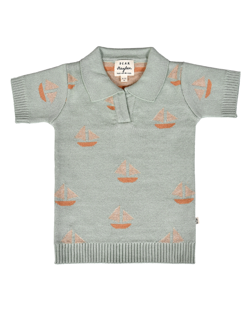 Baby Cameron Knit Polo with Boats Pattern | Seafoam