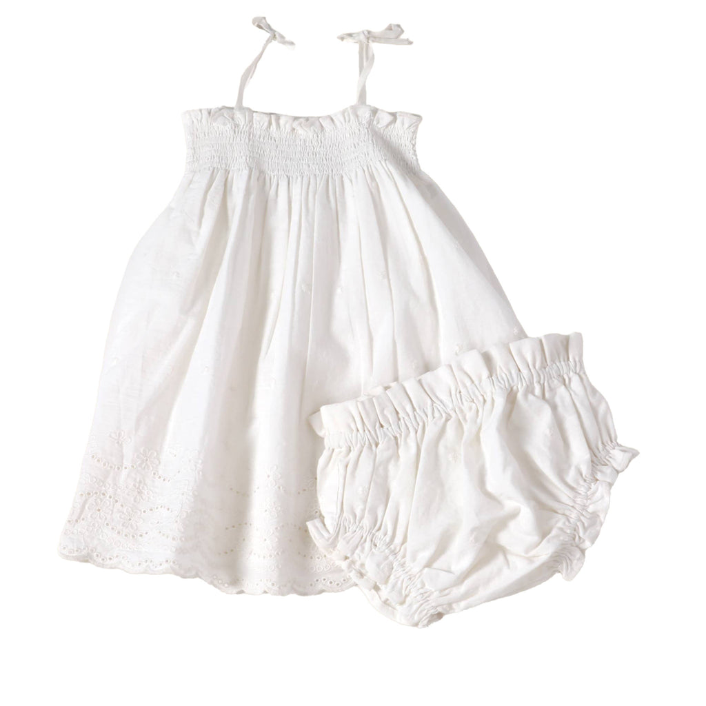 Camille Schiffli Smocked Off-White Baby Dress + Bloomer