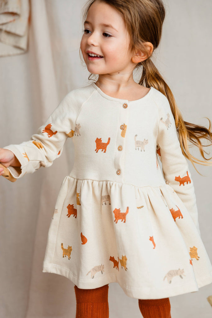 Baby Dress in Brushed Organic Cotton Fleece | Cats Print