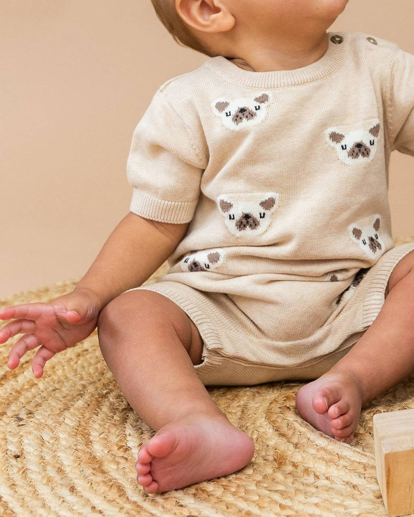 Baby Frenchie Dog Jacquard Knit Romper | Oat Heather