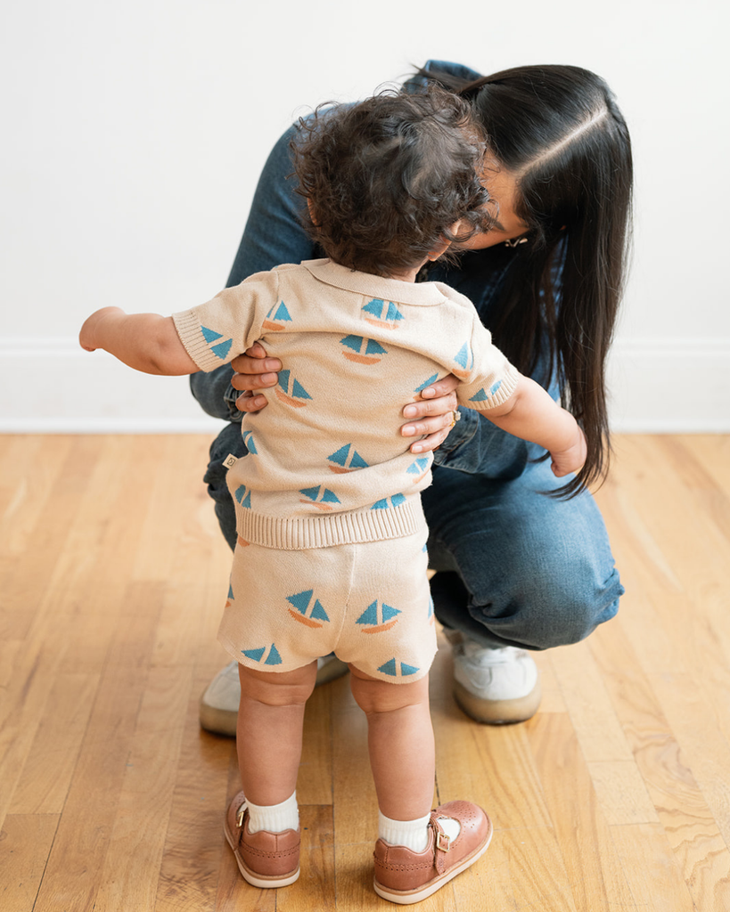 Baby Theo Knit Short with Boats Pattern | Sand