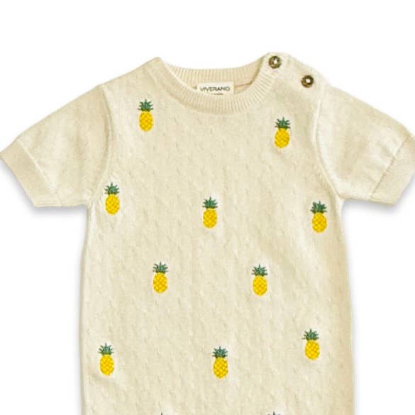 Baby Pineapple Embroidered Pointelle Knit Romper | Cream