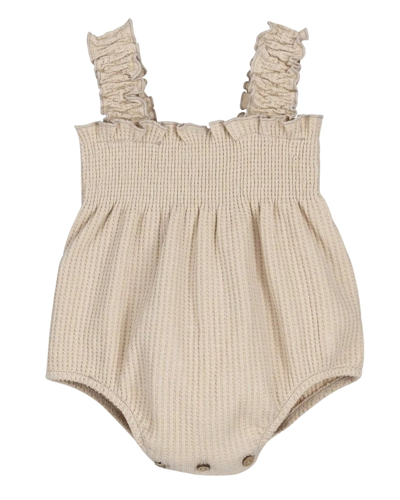 Baby Smocked Ruffle Strap Bow Romper | Beige
