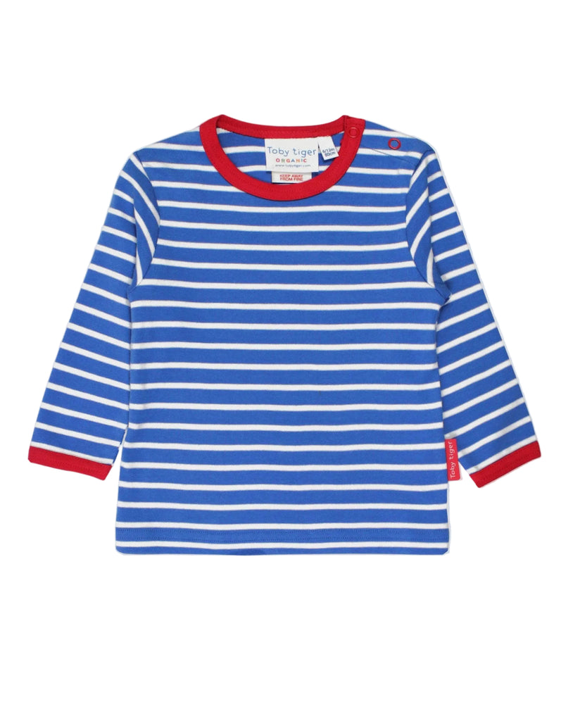 Blue striped organic cotton t-shirt for babies, flat lay