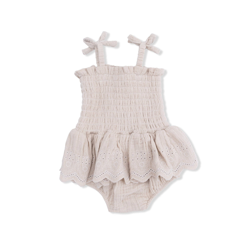 Baby Girl Muslin Smocked Bubble Romper | Beige