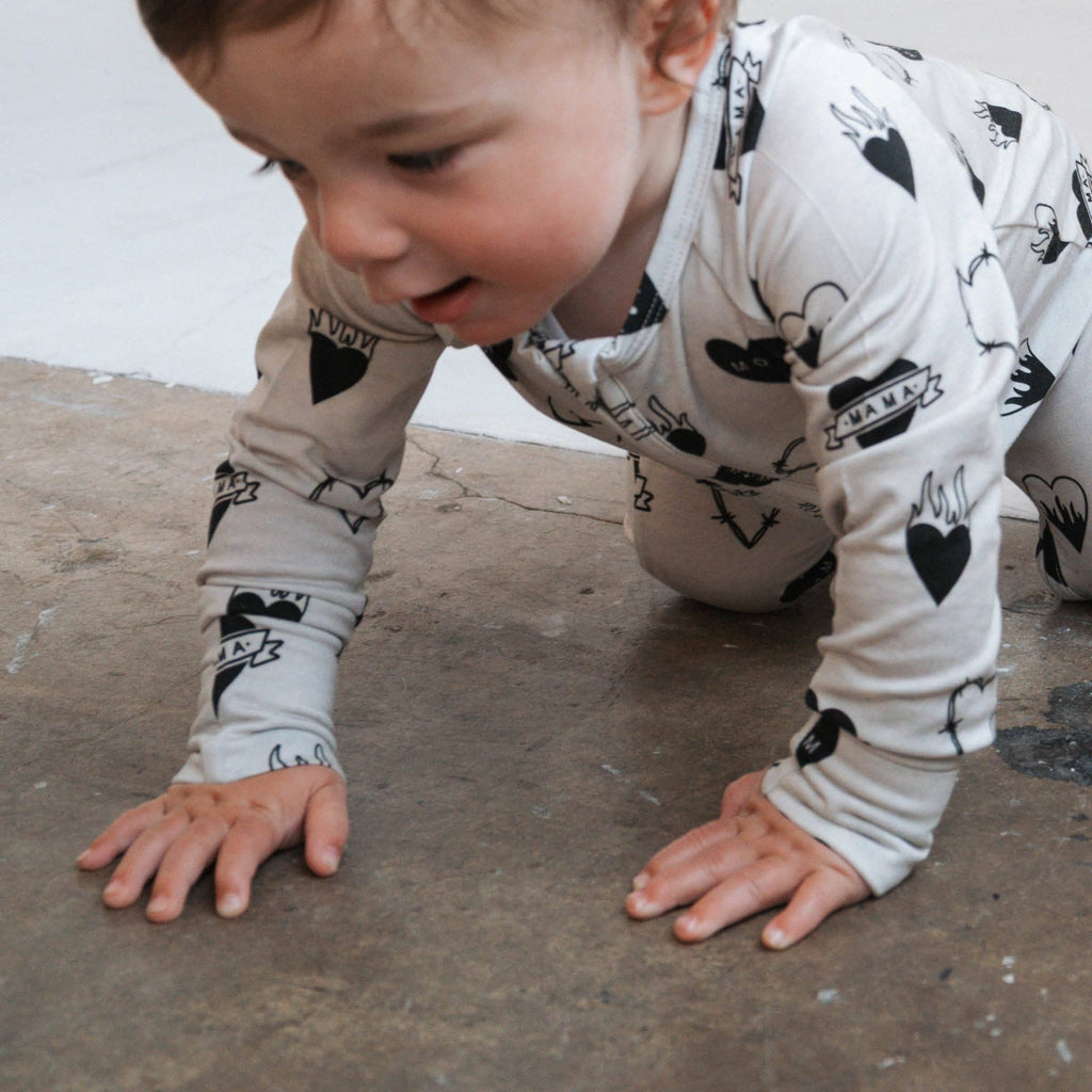 Baby Bamboo Zip Romper|  Tattoo Heart Heather Grey