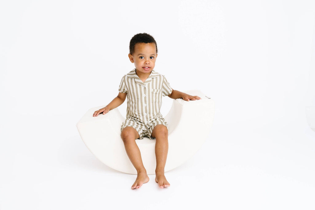 Baby & Toddler Bamboo Short Button Up Set | White and Olive Striped
