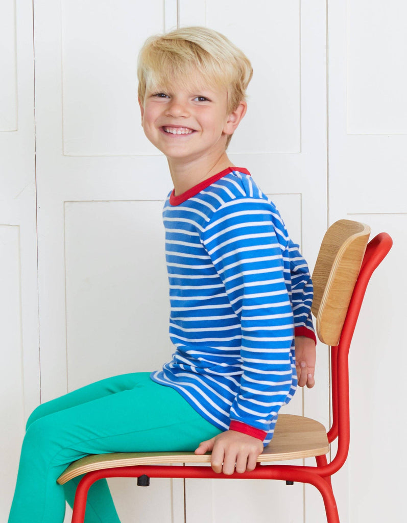 Detail shot of blue striped t-shirt showing neck popper fastenings
