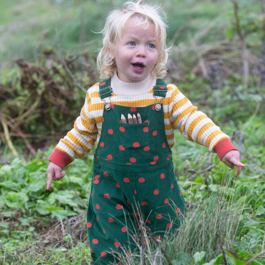 Baby and Toddler Corduroy Dungarees | Green with Apple Print