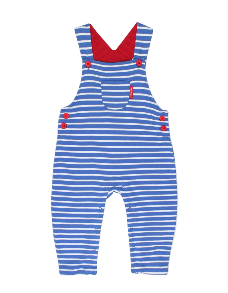 Blue striped organic dungarees flat lay on a neutral background